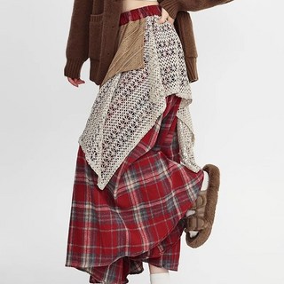 지고다그 여성 가을 겨울 체크 니트 믹스 언발 롱스커트 하이웨스트 루즈핏 감성 데일리 치마 MY0295