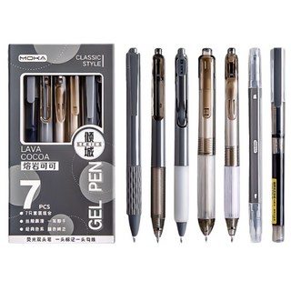 MOKA 按動刷題中性筆7件套 ST筆頭速乾原子筆 學生考試用筆套裝, 1個, 按動刷題筆中性筆7件套【熔岩可可系列】