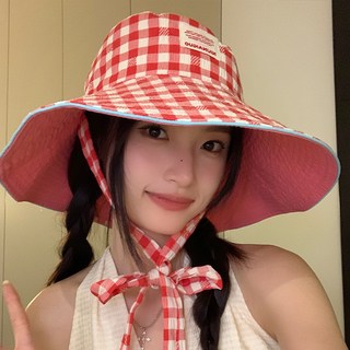 여성용 양면 어부 모자 대형 브림 스트랩 색상 테두리 여름 접이식 비치, 02 04