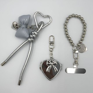 하트거울 실버리본 실버핸드폰걸이 가방키링 3종세트, 1개, 실버3종세트