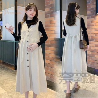 嘉義出貨 孕婦洋裝 孕婦連身裙 秋冬新款大碼燈芯絨孕婦連衣裙 寬松顯瘦春秋背帶過膝長裙 長袖孕婦裝