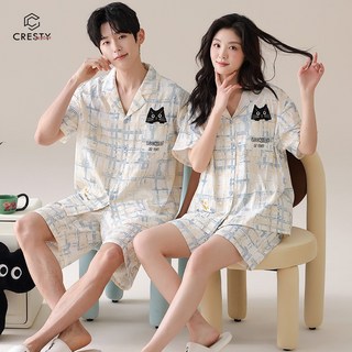 크레스티 커플 플립 카라 가볍고 얇은 반팔 잠옷 구름 면 소재의 실내복 부드럽고 편안한 고양이 체크 홈웨어 상하세트