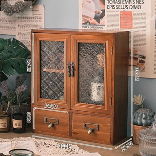 桌上收納櫃 梳妝檯置物架 辦公桌收納櫃 復古木質桌面收納整理盒, 雙開門三格-海棠花玻璃, 1個