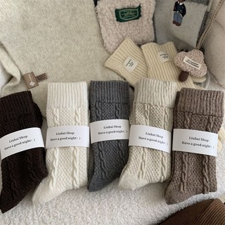 台灣出貨 襪子 長襪 奶茶系 麻花羊毛襪子女中筒襪秋冬季款加厚加絨毛絨保暖睡眠冬天長堆堆襪 長襪 麻花襪 襪子 中筒襪