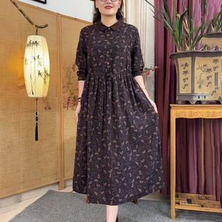 POMTOR 가을 중년여성 캐주얼 빅사이즈 둥근 칼라 프린트 허리 조임 하프 플레어 원피스