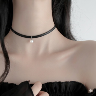 백송 블랙 가죽 스트랩 드롭 진주 초커 데일리 심플 베이직 레더 포인트 캐주얼 목걸이