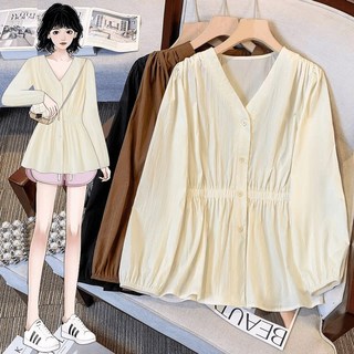 顯瘦收腰大尺碼襯衫 早秋寬鬆長袖上衣 法式設計襯衫 胖MM春秋季新款减齡