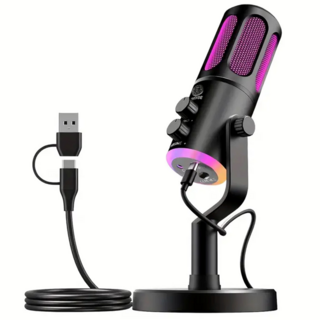 Gaayou RGB 게이밍 마이크 USB 콘덴서 원터치 노이즈캔슬링 / 이어폰 연결 / PC 폰 호환 / 방송 녹음용, 블랙