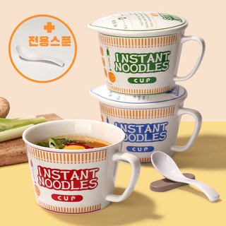 식품검사완료 컵라면 도자기 용기+스푼 전자레인지 라면 그릇 (전자렌지 손잡이 전용), 1세트, 블루