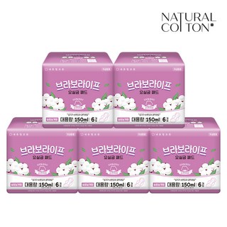 내츄럴코튼 여성용 브라보라이프 요실금 패드 성인기저귀 150ml 슬림날개형, 6개입, 5개, 대용량