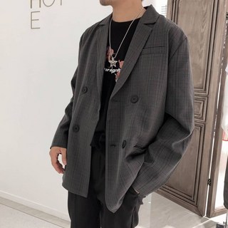 TOP_KOREA 正韓 寬鬆寬版格紋雙排扣西裝外套 H575