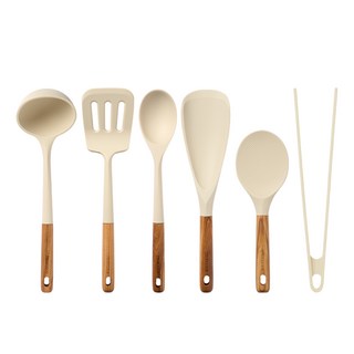 트루쿡 이탈리아산 올리브 실리콘 조리도구 6종 세트, 1세트, 베이지, 국자+뒤집개+서빙스푼+멀티스푼+주걱+집게