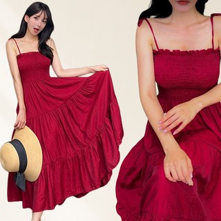 44~77자체제작 비키비키 티아나 원피스 롱 끈 여성 여름 스모크 밴딩 튜브탑 캉캉 리본 휴양지 바캉스 비치웨어