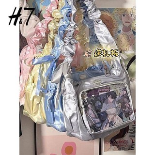 二次元大容量包包基础款小食量透明吧唧扎谷痛包褶皱学生二次元洛丽塔单肩斜挎包, 黑色,加短腿小雲朵掛件