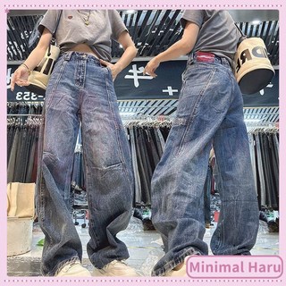 韓版闊腿牛仔褲 高腰寬鬆直筒褲 顯瘦彎刀牛仔寬褲