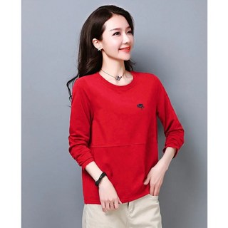 shiny 純色刺繡圓領寬鬆長袖上衣 M~4XL