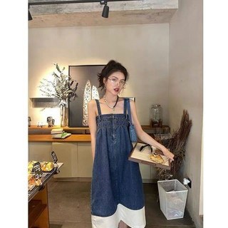 三禾牛仔洋裝女夏季新款百搭顯瘦拼接抹胸設計感A字揹帶裙, 23黑色 高品質,L（建議52-58kg）