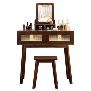 Montheria 화장대 원목 화장대의자 거울과 의자 포함 A598-110, 80CM+네모난 걸상, 둥근 거울A