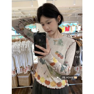 木耳邊印花圓領長袖T恤 女款 春季 韓系修身顯瘦 設計感打底上衣