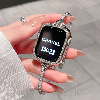 竹節鑲鑽金屬錶帶 Apple Watch錶帶 iWatch 9 8 7 6 SE 適用, 細款手鐲式錶帶+送銀色鑽殼,40mm【適用SE/4/5/6代】, 1個