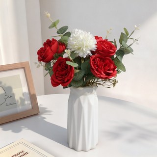 인테리어 인조꽃 세트 꽃병 포함, 1개, 빨간 장미와 대리화