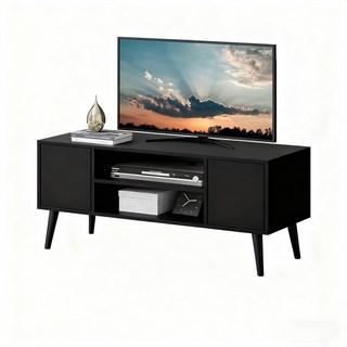 簡約風多功能電視櫃/客廳收納櫃，現代風格環保材質影音設備收納, 黑色