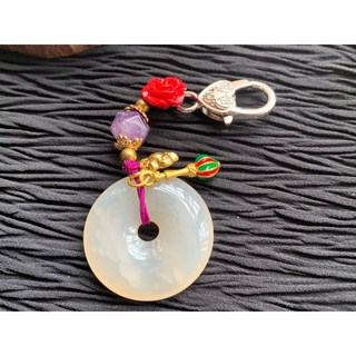 畫意坊 平安扣 玫瑰 白玉髓 平安祈福 招財吊墜 隨身吊飾 辟邪 轉運 納福 福袋 吊飾 本命年護身符, 1個