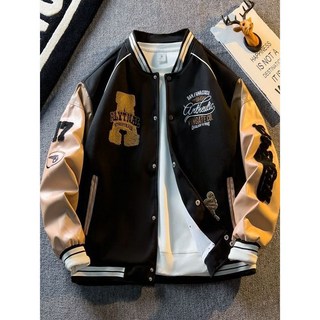 撞色美式刺繡皮袖棒球外套 韓版潮流休閒夾克 秋季新款學生外套