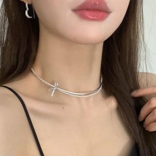 이쿠이칸 진주 초커 목걸이 레이어드 리본 가죽 은목걸이 HJXL0220