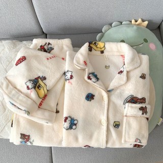 法蘭絨秋冬新款可愛睡衣女保暖加厚甜美kitty貓寬鬆珊瑚絨家居服Doly