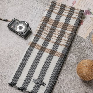 快快慢慢手作坊 窄版喀什米爾羊毛圍巾 經典黑白褐格紋脖圍 手工機織