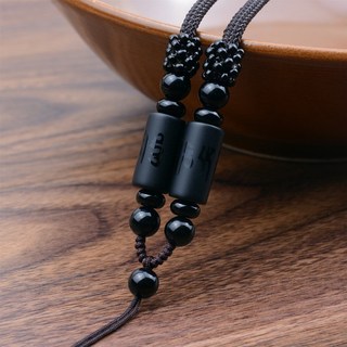 昱晶閣 高檔天然黑瑪瑙六字真言吊墜掛繩 桶珠粗款可伸縮玉佩項鍊繩, 1件, 可調繩+磨砂黑瑪瑙(六字真言), 咖啡繩