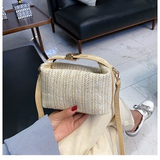 草編手提小包包女2024春季新款田園風森系枕頭包小清新斜挎包, 卡其色