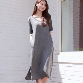 로안폴린 편안한 스판 브이넥 포켓 홈웨어 원피스