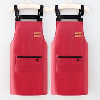防水圍裙 耐臟耐磨 廚房家用做飯圍腰 超軟餐廳水產上班工作服, 1個, 雙件更劃祘【PU背帶款】紅色+紅色