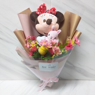 米妮玩偶花束/米老鼠花束/米奇米妮/迪士尼花束(玩偶花束/情人節花束/母親節花束/畢業花束/畢業禮物/香皂花花束), 滿天星乾燥花,粉, 1個