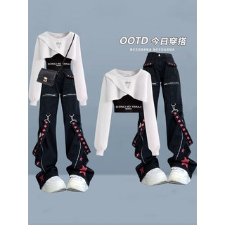 春秋女裝搭配一整套2025新款炸街辣妹高級感衛衣工裝牛仔褲三件套