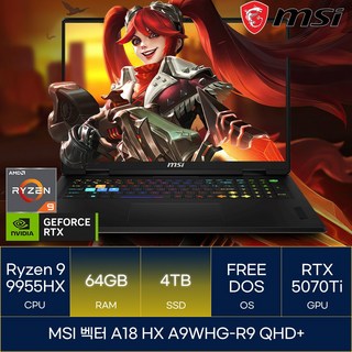 MSI 2025 벡터 A18 HX 라이젠9 라이젠 9000 시리즈 지포스 RTX 5070 Ti, 코스모스 그레이, 4TB, 64GB, Free DOS, A18 HX A9WHG-R9 QHD+