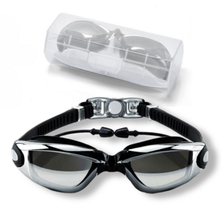 김서림방지 와이드 미러수경 귀마개 일체형(케이스 포함), 1개, 실버 미러 블랙