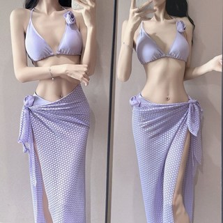 【紫系薔薇】bikini比基尼分體三件套巴厘島度假沙灘夏遊泳衣女新, 1839紅色,M【適合40.0-50.0公斤】