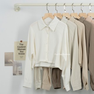 Fee 壓紋短版長袖襯衫，直紋肌理紋，七色可選，韓系秋裝女上衣