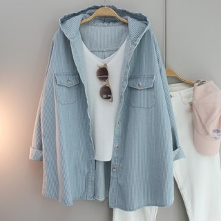 달콩 여성 봄신상 빅사이즈 청남방 카인스트라이프후드데님셔츠