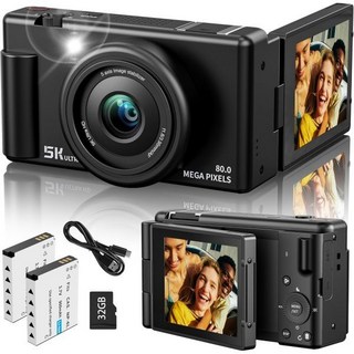 사진 촬영을 위한 진정한 5K 디지털 카메라 18배 디지털 줌 3인치 270° 플립 스크린 듀얼 렌즈 셀카 카메라 YouTube 브이로그 및 콘텐츠 제작 배터리 2개, Black