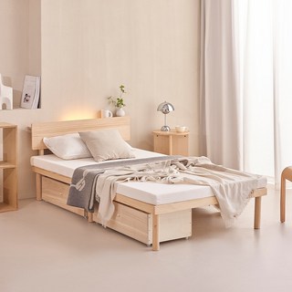 NOVALIVE 소나무 원목 침대 프레임 서랍형 LED조명 수납침대, 내츄럴