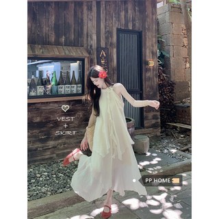 法式立體花朵掛脖吊帶連衣裙 女款 夏季溫柔風仙女度假長裙, 均码,杏色连衣裙, 杏色连衣裙