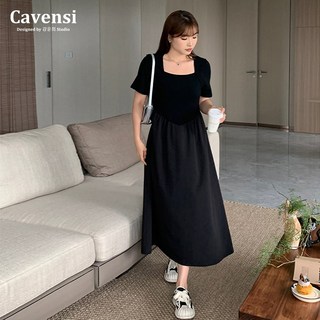 Cavensi 經典黑色方領洋裝，專櫃品質大碼連身裙，顯瘦百搭黑裙子, 顯瘦黑色,L（建議50-60公斤）