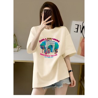 남녀공용 고급원단 베이지 반팔 라운드 반팔티셔츠 그래픽 면티 오버핏