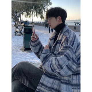 小香風刷毛格子外套 男款 秋冬日系復古翻領刷毛大衣 韓版潮流風衣夾克