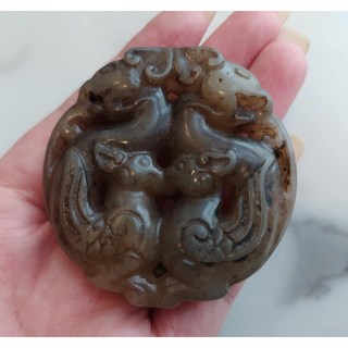 明清老收藏/白玉/岫岩玉/古玉【雙鳳鳥/雙龍】把玩件/玉器, 1個