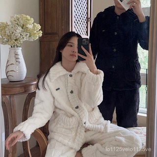 【冬季爆款】半邊絨情侶睡衣秋冬新款加絨加厚保暖套裝男女士可外穿大碼家居服百搭 時尚 1214 FAGJ